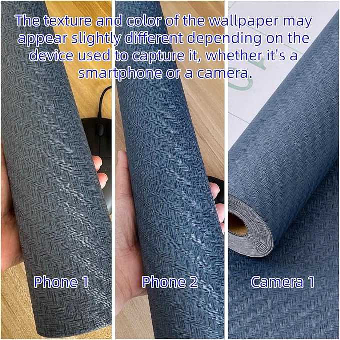 Haimin Fabric Wallpaper Textured Contact Paper (24in X 393in) Navy Blue Grasscloth Wallpaper Peel and Stick Faux Linen Wall Paper Self-Adhesive Vinyl Looks Like Woven Straw
