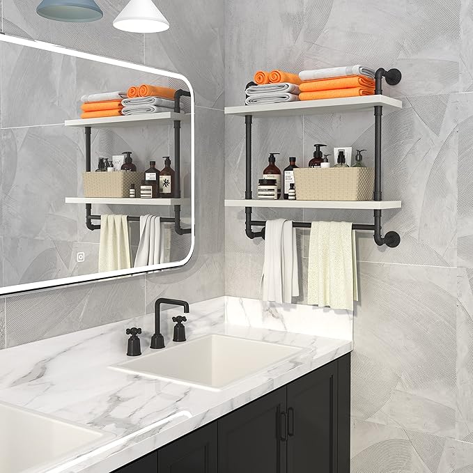 Helsin 24inch Industrial Pipe Shelving Bathroom Shelves Wall Mounted with Towel bar, 2 Tier Rustic Wood Floating Shelf, Metal Towel Rack Wall Shelf for Home & Bathroom (White, 24inch)