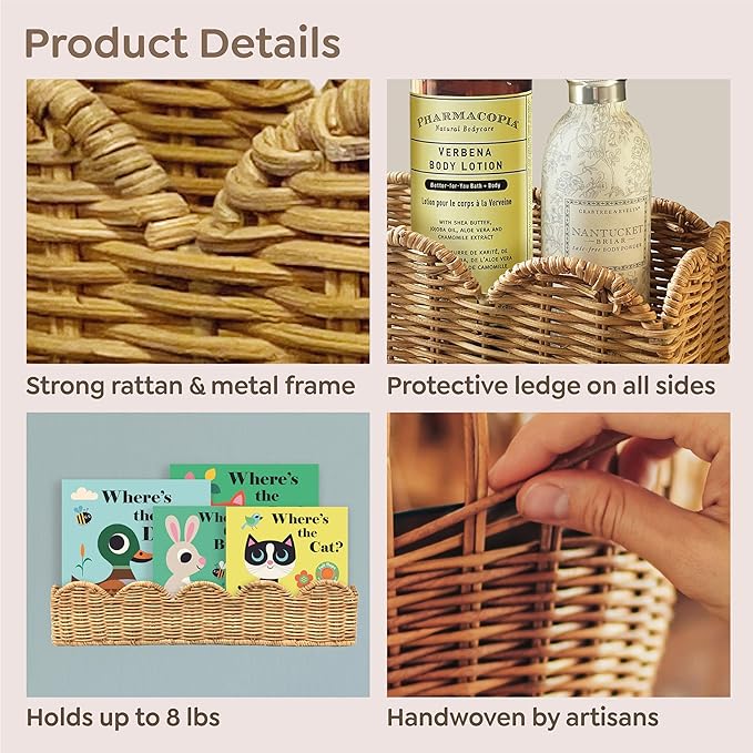 Nursery Book Shelves Set of 2 - Artisanal Natural Rattan Scalloped Book Shelf for Kids Rooms 15.8