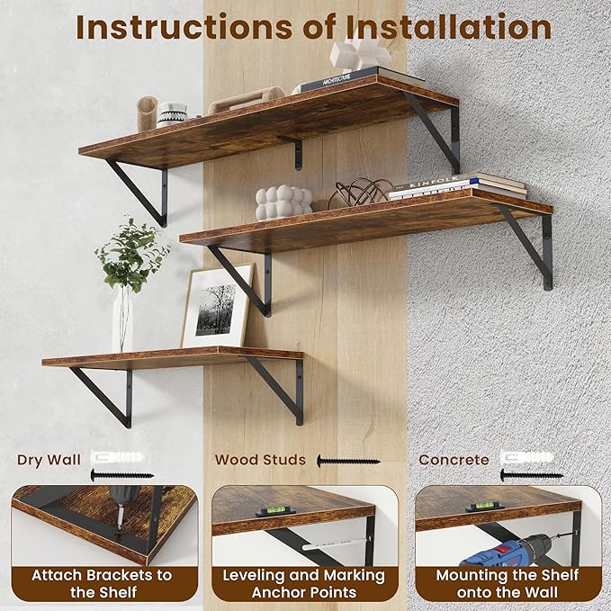 Deep Floating Shelves for Wall,36Wx8D Wall Mounted Shelves Set of 2,Wall Storage Floating Shelf with Sturdy Metal Brackets for Living Room,Bathroom,Kitchen,Office,Rustic Brown