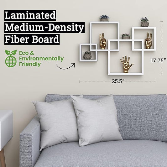 Greenco Gray Floating Cube Shelves - Intersecting Wall Mounted Shelves - Bedroom Decor for Men - Wall Decor Square Shelves for Bedrooms, Living Rooms & More - Set of 4 Box Shelves