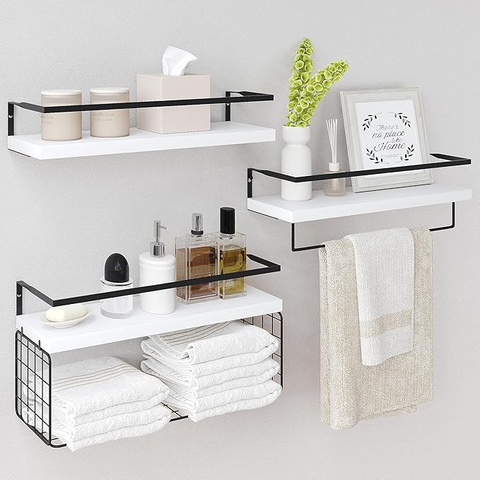 White Wood Floating Shelves Wall Mounted - 3+1 Tier Rustic Bathroom Wall Shelves Over Toilet with Wire Storage Basket & Towel Bar, set of 3 Farmhouse Floating Shelf for Bathroom,Kitchen,Bedroom
