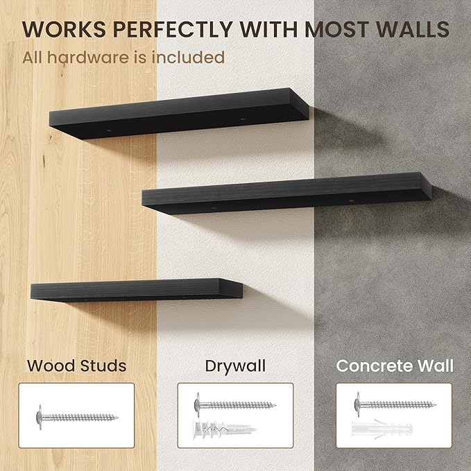 32 Inch Floating Shelves | 6.5 Inch Deep Black Floating Shelves Set of 2 | 32