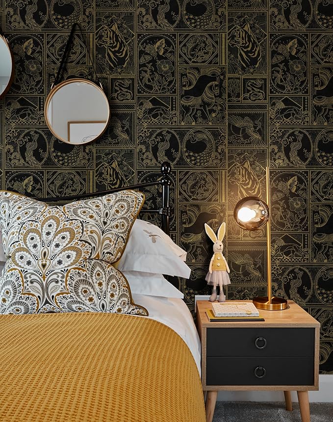 Erfoni 118"x17.7" Black and Gold Wallpaper Vintage Peel and Stick Wallpaper Special Animals Pattern Contact Paper Stick and Peel Self Adhesive Removable Wall Paper for Countertop Cabinets Covering