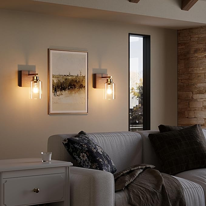 Rechargeable Wall Sconce, Gold & Walnut Battery Operated Wall Sconce Set of 2 with Timer Function, Easy Install Dimmable Wireless Wall Lamps for Living Room, Bedroom, Hallway, Entryway Decor 3000K