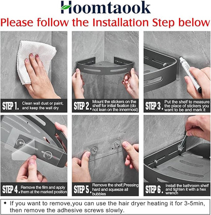 Hoomtaook 2-Tier Corner Shower Shelf No Drilling Bathroom Shelves Shower Caddies Adhesive Bath Corner Shelf Wall Mounted Bathroom Shower Caddy Organizer - Dark Grey