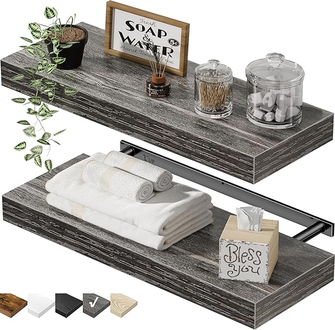 QEEIG Bathroom Floating Shelves for Wall - 15.7" Wall Mounted Shelf Over Toilet Farmhouse Home Decor Display Bookshelf Small 15.7 x 6.7 inch Set of 2, Grey (008-40GY)