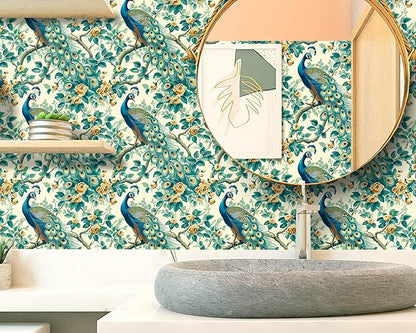 FLFK Green Peacock Wallpaper,Peel and Stick Wall Mural for Living Room, Bedroom, Kitchen, Office, Apartment Decor 16"x128"