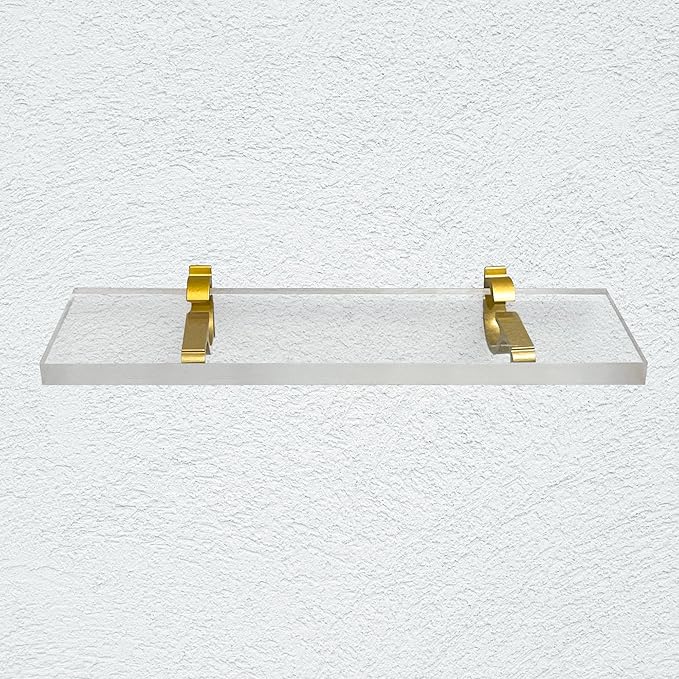 Clear Acrylic Shelves 14.5 inches, 3/4" Thick Transparent Wall Mounted Floating Shelves for Bedroom, Living Room, Bathroom, Kitchen -‎ with Screws and Brass Finish Brackets, Pack of 2
