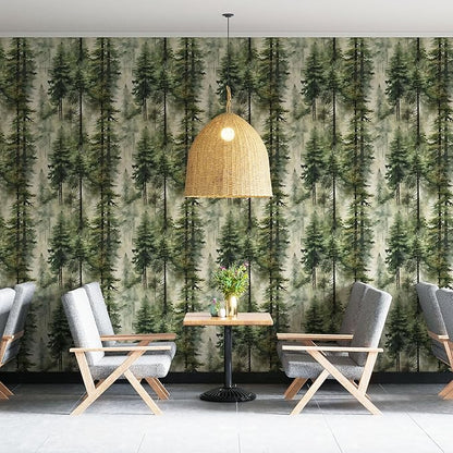 HAOKHOME Forest Peel and Stick Wallpaper Tree Wall Paper Wood Removable for Bedroom Green Contact Paper 17.7in x 32.8ft