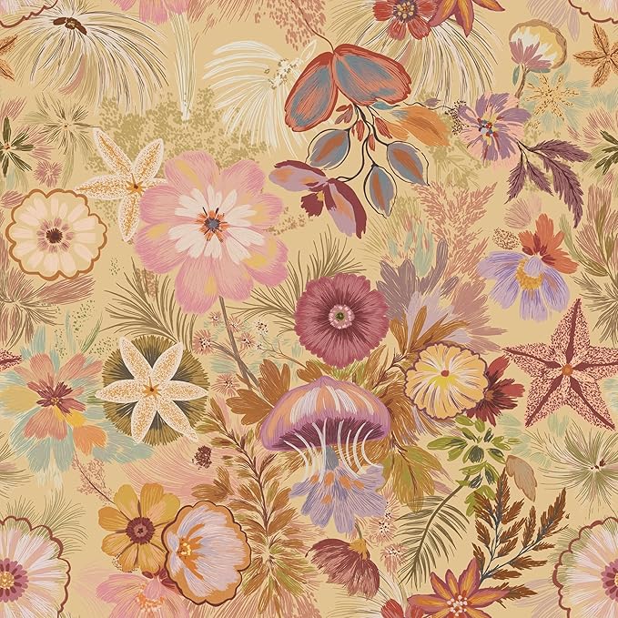 Ismoon Vintage Floral Peel and Stick Wallpaper Deep Beige Contact Paper Jellyfish Starfish Stick on Wall Paper Removable Self Adhesive Vinyl Wallpaper for Bedroom Wall Cabinet Decor 17.3x393in