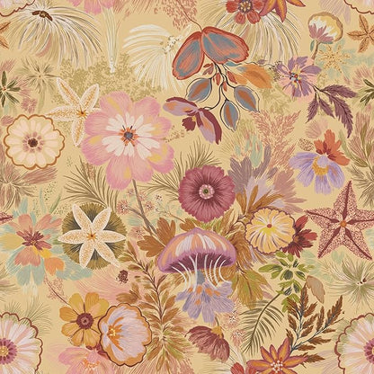 Ismoon Vintage Floral Peel and Stick Wallpaper Deep Beige Contact Paper Jellyfish Starfish Stick on Wall Paper Removable Self Adhesive Vinyl Wallpaper for Bedroom Wall Cabinet Decor 17.3x393in