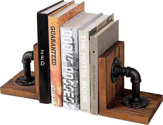 MyGift Book Ends, Decorative Bookends, Heavy Duty Book Holders for Shelves, Rustic Wood with Realistic Industrial Pipe Design,Unique Ideas for Father's Day, Christmas