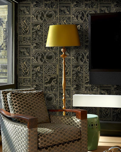 Erfoni 197"x17.7" Black and Gold Wallpaper Vintage Self Adhesive Peel and Stick Wallpaper Retro Animail Pattern Contact Paper DIY Stick and Peel Removable Wall Paper Decoration Bedroom Wall Vinyl Roll