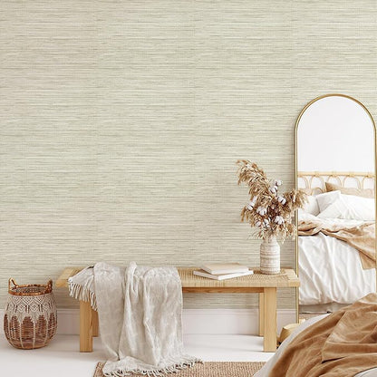 JiffDiff Grasscloth Wallpaper Peel and Stick Cream Grassweave Peel & Stick Wall Paper Textured Wallpaper Self Adhesive Contact Paper 787" x 17.3"