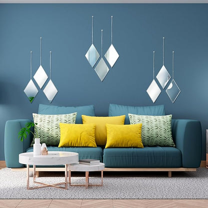 Accent Mirrors - Small Diamond Shape Decorative Mirror Wall Decor 3 Piece Set with Silver Chain