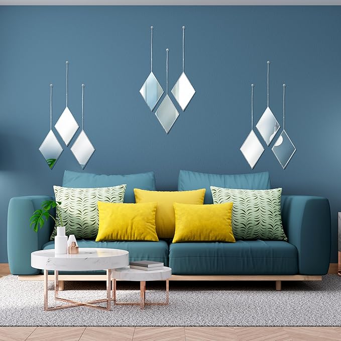 Accent Mirrors - Small Diamond Shape Decorative Mirror Wall Decor 3 Piece Set with Silver Chain
