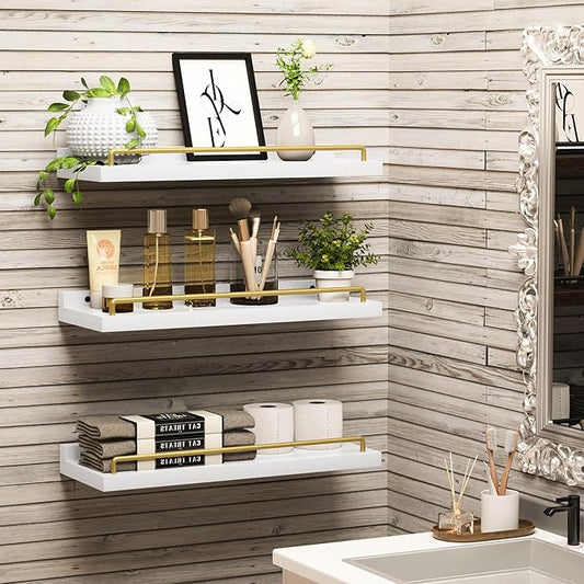 Floating Shelves for Wall Decor, White and Gold Shelves for Bathroom, Living Room, Bedroom, Picture Frames, Plants, Kitchen (Set of 3)