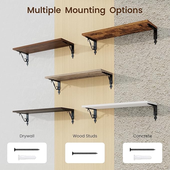 RICHFOCUS Floating Shelves for Wall Decor, 24Inch Shelves Set of 2, 24W x 8D Floating Shelves Wall Mounted with Metal Brackets, Rustic Wood Shelves for Living Room Bedroom Kitchen, Rustic Brown