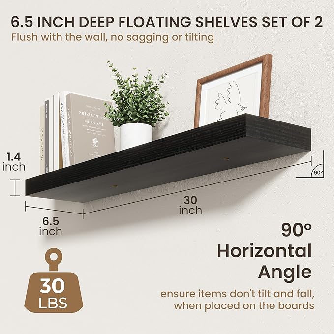 30 Inch Floating Shelves | 6.5 Inch Deep Black Floating Shelves Set of 2 | 30" W x 6.5" D Rustic Black Wood Wall Shelves with Invisible Brackets for Bathroom Living Room Bedroom