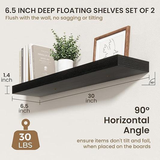 30 Inch Floating Shelves | 6.5 Inch Deep Black Floating Shelves Set of 2 | 30" W x 6.5" D Rustic Black Wood Wall Shelves with Invisible Brackets for Bathroom Living Room Bedroom