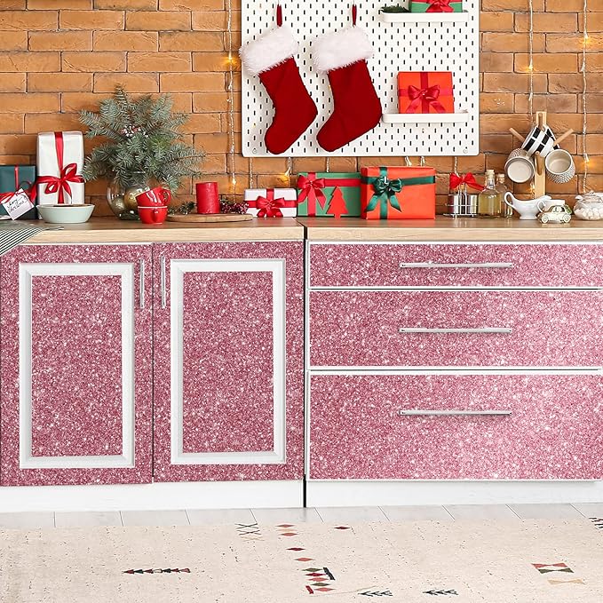 CHIHUT 15.7''x236'' Pink Glitter Peel and Stick Wallpaper Self Adhesive Sparkle Glitter Contact Paper for Cabinets Dresser Removable Vinyl Fabric Wallpaper Roll for Bedroom Walls Art Craft Cardstock