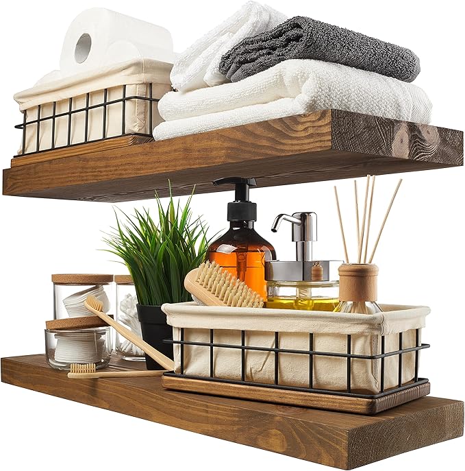 BAOBAB WORKSHOP Wood Floating Shelves, Bathroom Shelf 24 inch, Walnut Floating Shelf for Wall Mounted, Solid Wooden Wall Shelves for Bedroom Kitchen, Walnut Finish, 24 x 6.7, Set of 2