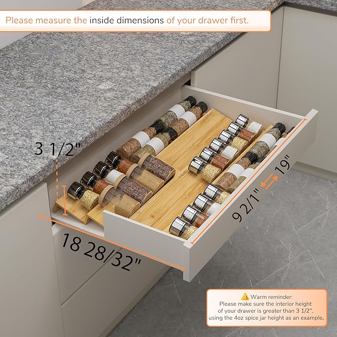 AMBIRD Bamboo Spice Drawer Organizer with Non-slip Mat,4 Tier - 2 Set Jar Spice Rack Tray From 9.5''to 19'', Seasoning Organizer for Kitchen,Cabinet,Drawers,Countertop