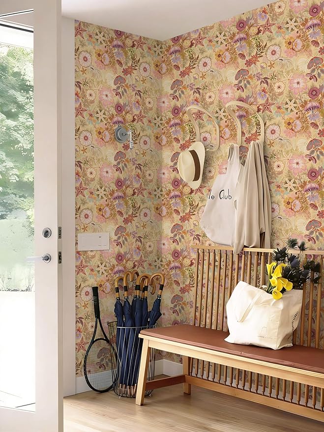 Ismoon Vintage Floral Peel and Stick Wallpaper Deep Beige Contact Paper Jellyfish Starfish Stick on Wall Paper Removable Self Adhesive Vinyl Wallpaper for Bedroom Wall Cabinet Decor 17.3x393in
