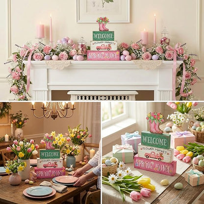 Spring Decorations, 4 Pcs Wooden Spring Table Decorations, Farmhouse Rain Boots Tiered Tray Decor, Wooden Table Sign for Desk Shelf Mantel Coffee Bar, Indoor Home Decor