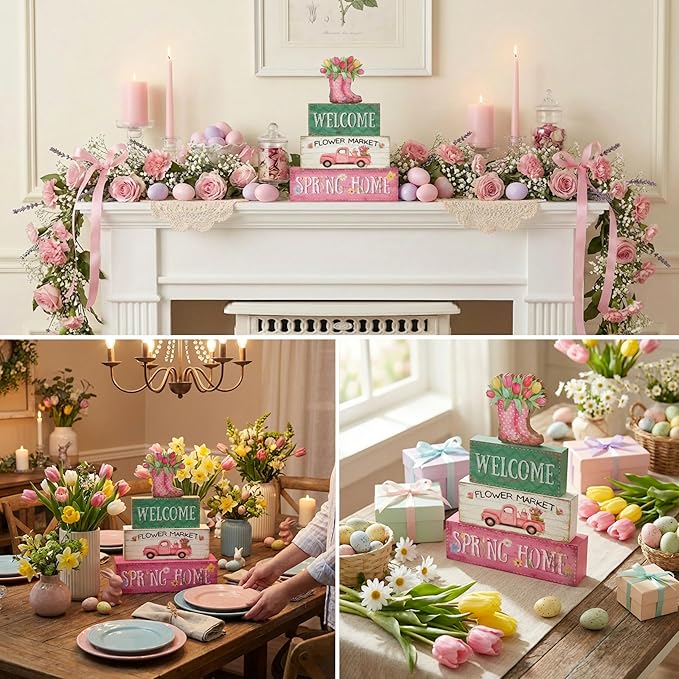 Spring Decorations, 4 Pcs Wooden Spring Table Decorations, Farmhouse Rain Boots Tiered Tray Decor, Wooden Table Sign for Desk Shelf Mantel Coffee Bar, Indoor Home Decor