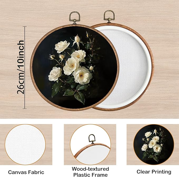 KSDUT Flower Wall Art Decor - Botanical Neutral Mid Century Modern Wall Art Canvas Frame Hanging Prints, Vintage White Floral Round Wall Art Decor for Home Decorations 10"x10"