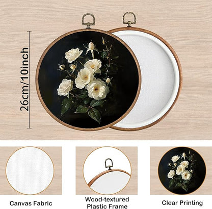 KSDUT Flower Wall Art Decor - Botanical Neutral Mid Century Modern Wall Art Canvas Frame Hanging Prints, Vintage White Floral Round Wall Art Decor for Home Decorations 10"x10"