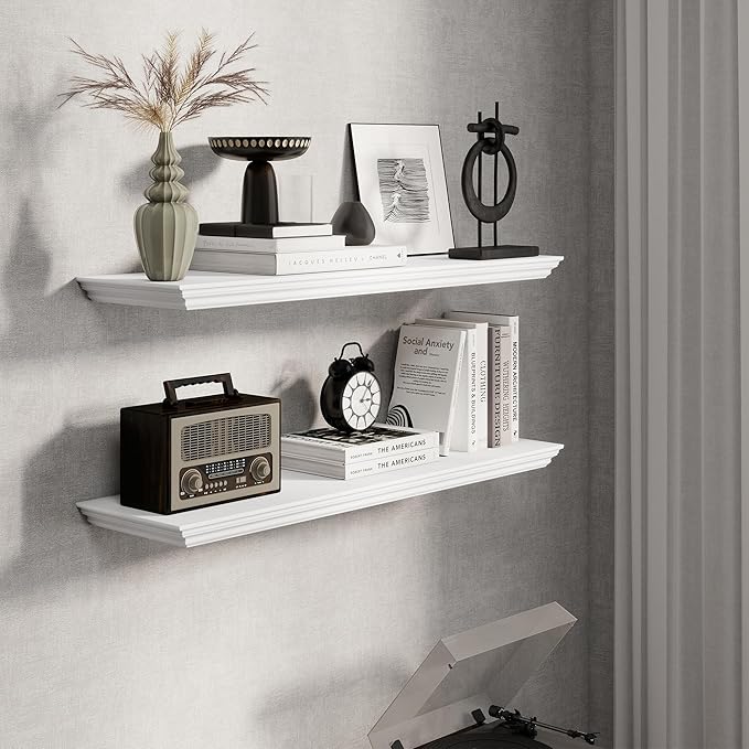Fun Memories Floating Shelves 36 Inch Long, 9.3 Inch Deep Classic Crown Molding Floating Shelves for Wall, Rustic Wooden Shelves for Wall Decor Bathroom, Kitchen, Office, (White, 2Pack)