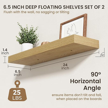 24 Inch Floating Shelves | 6.5 Inch Deep Oak Floating Shelves Set of 2 | 24" W x 6.5" D Rustic Oak Shelves with Invisible Brackets for Bathroom Living Room Bedroom