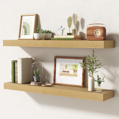 32 Inch Floating Shelves | 6.5 Inch Deep Oak Floating Shelves Set of 2 | 32" W x 6.5" D Rustic Oak Shelves with Invisible Brackets for Bathroom Living Room Bedroom