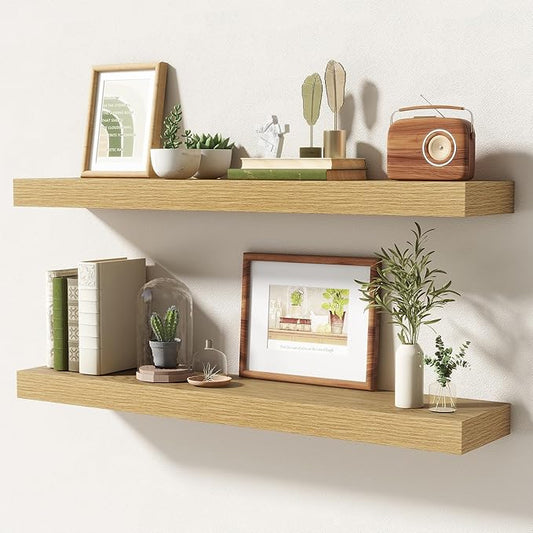 32 Inch Floating Shelves | 6.5 Inch Deep Oak Floating Shelves Set of 2 | 32" W x 6.5" D Rustic Oak Shelves with Invisible Brackets for Bathroom Living Room Bedroom