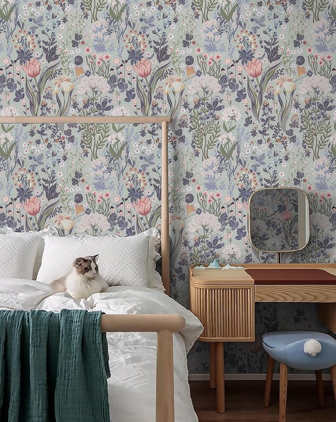 Peel and Stick Wallpaper Vintage Wall Paper Gray/Purple Floral Contact Paper Removable Wallpaper 17.3