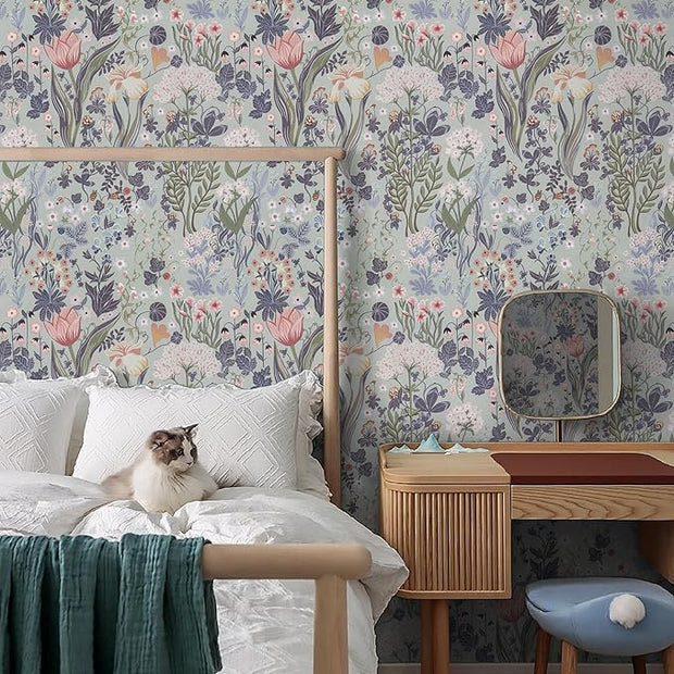 Peel and Stick Wallpaper Vintage Wall Paper Gray/Purple Floral Contact Paper Removable Wallpaper 17.3"x393.7" Leaf Flower Self Adhesive for Bedroom Drawer Decor Vinyl Rolls