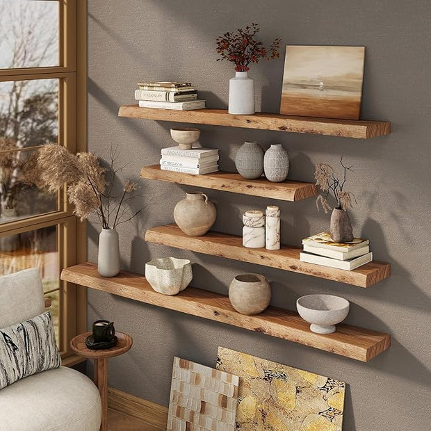 Marsmiles 55 inch Floating Shelves for Wall Elm Wood Live Edge Shelves Wall Mounted|Rustic Long Floating Shelves with Invisible Bracket for Bathroom Living Room Kitchen|Natural, 1 Pack