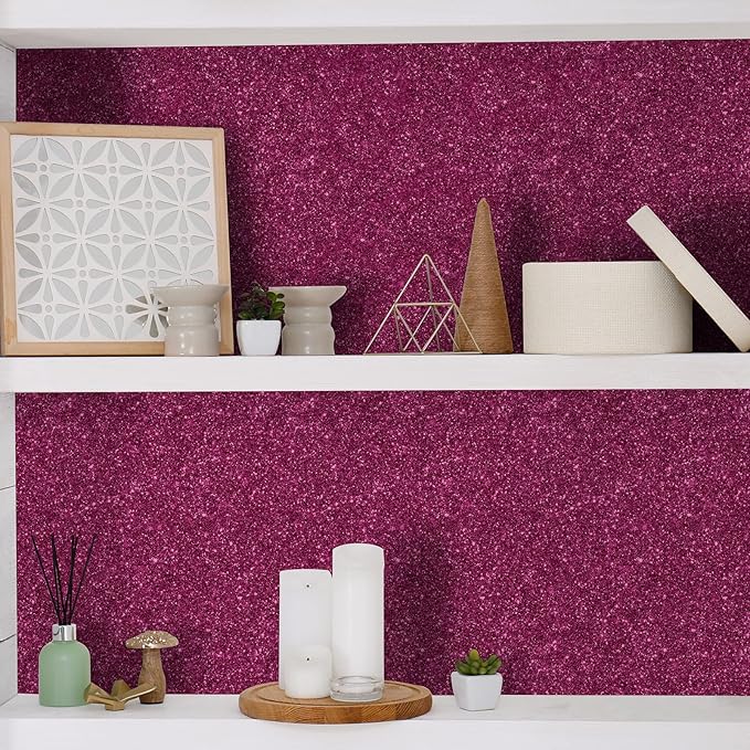 CHIHUT Hot Pink Glitter Peel and Stick Wallpaper Sparkly Pink Contact Paper for Cabinets Walls Removable Decorative Glitter Wall Paper Self Adhesive Textured Fabric Roll for DIY Crafts 15.7''x236''