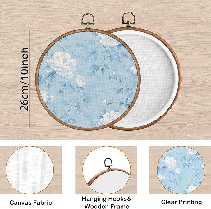 KSDUT Retro Aesthetic White Floral Wall Art Decor - Blue Botanical Neutral Mid Century Modern Wall Art Canvas Frame Hanging Prints, Vintage Landscape Round Wall Art Decor for Home Decorations 10"x10"