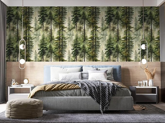HAOKHOME Forest Peel and Stick Wallpaper Tree Wall Paper Wood Removable for Bedroom Green Contact Paper 17.7in x 32.8ft