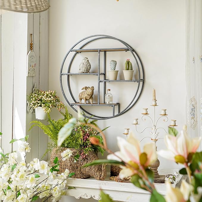 Industrial Style Round Wall Shelves, 3 Tier Decorative Floating Ledge Shelves, Wall Mounted Metal Bracket Wooden Display Hanging Shelf