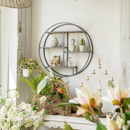 Industrial Style Round Wall Shelves, 3 Tier Decorative Floating Ledge Shelves, Wall Mounted Metal Bracket Wooden Display Hanging Shelf