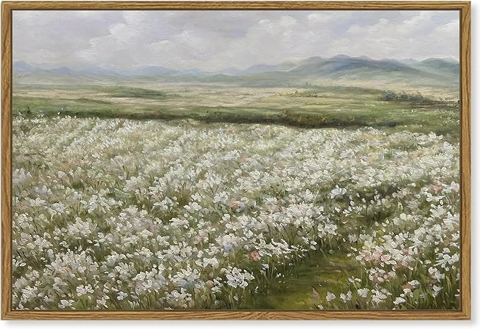 SHENIFY 24x36in Large Vintage Landscape Framed Canvas Wall Art Countryside Flower Field Classic Paintings Farmhouse Bathroom Office Decor - Natural Framed