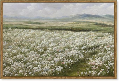 SHENIFY 24x36in Large Vintage Landscape Framed Canvas Wall Art Countryside Flower Field Classic Paintings Farmhouse Bathroom Office Decor - Natural Framed