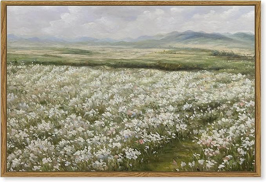 SHENIFY 24x36in Large Vintage Landscape Framed Canvas Wall Art Countryside Flower Field Classic Paintings Farmhouse Bathroom Office Decor - Natural Framed
