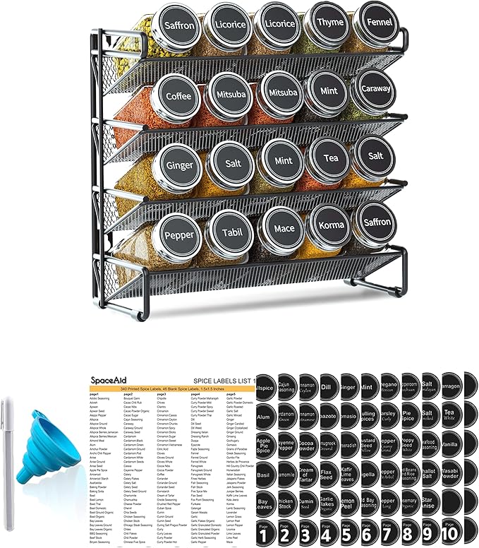 SpaceAid Spice Rack Organizer with 20 Spice Jars, 386 Spice Labels, Chalk Marker and Funnel Set for Cabinet, Countertop, Pantry, Cupboard or Door & Wall Mount - 20 Jars, 9.8