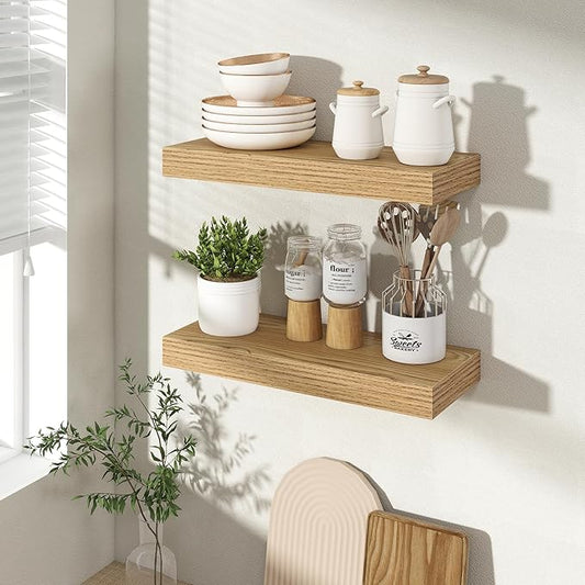 16 Inch Floating Shelves for Wall 2 Pack, 16" Wall Shelves for Books, Storage, Decor, Wall Mounted Floating Shelf with Invisible Brackets for Kitchen, Living Room, Light Brown